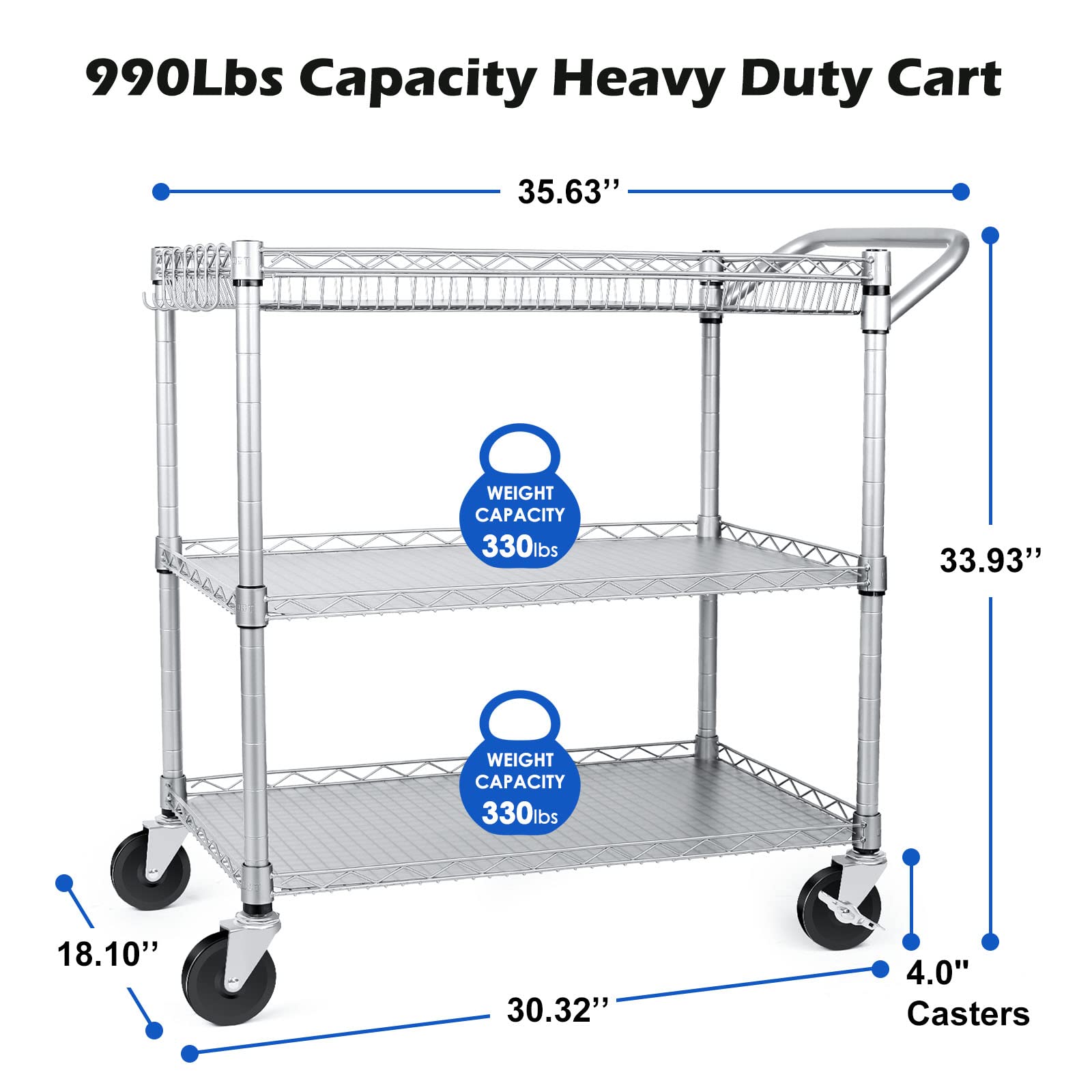 WDT 990Lbs Capacity Heavy Duty Rolling Utility Cart, NSF Rolling Carts with Wheels,Commercial Grade Metal Cart with Handle Bar & Shelf Liner,Trolley Serving Cart for Restaurant,Kitchen,Gray - WoodArtSupply