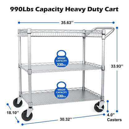 WDT 990Lbs Capacity Heavy Duty Rolling Utility Cart, NSF Rolling Carts with Wheels,Commercial Grade Metal Cart with Handle Bar & Shelf Liner,Trolley Serving Cart for Restaurant,Kitchen,Gray - WoodArtSupply