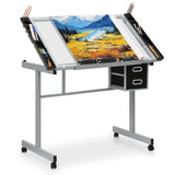 Polias Drafting Table with Adjustable Tilt Angle Board, Drawing Table Tempered Glass Top, Art Desk with Metal Frame Craft Desk for Artist with Fabric Drawers, Rolling Casters and Trays Polias