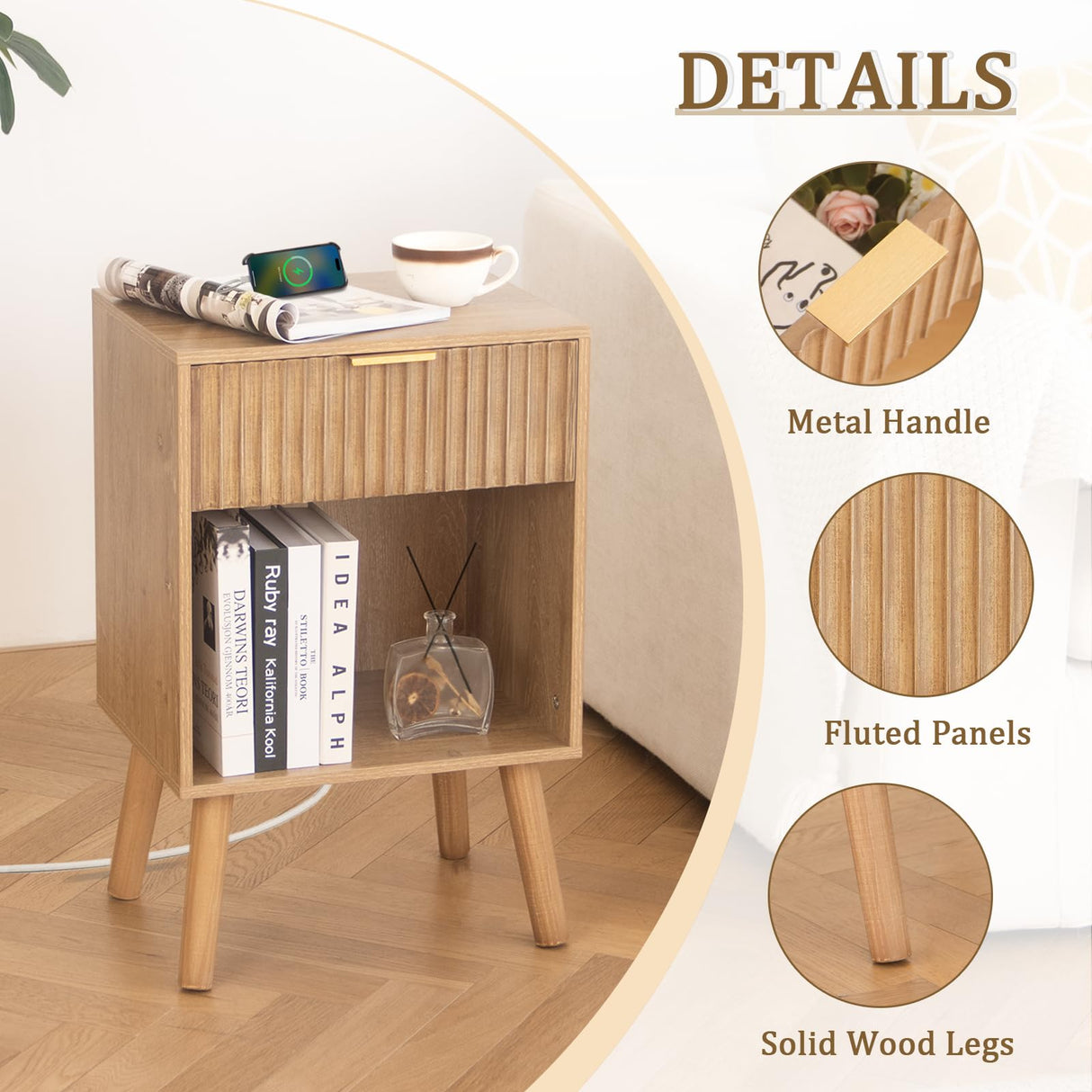 Fultyle Wood Nightstand with Charging Station, Bedside Table with Fluted Drawers and Outlet, Boho Night Stand for Bedroom, Living Room, Office (Rustic Walnut) Fultyle