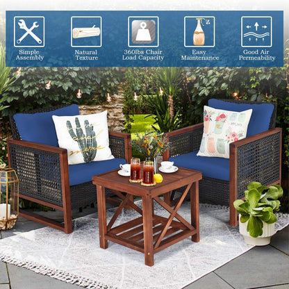 Tangkula 3 Pieces Patio Wicker Furniture Set, Rattan Outdoor Sofa Set w/Washable Cushion & Acacia Wood Coffee Table, Conversation Bistro Set for Garden Balcony Backyard (Blue)