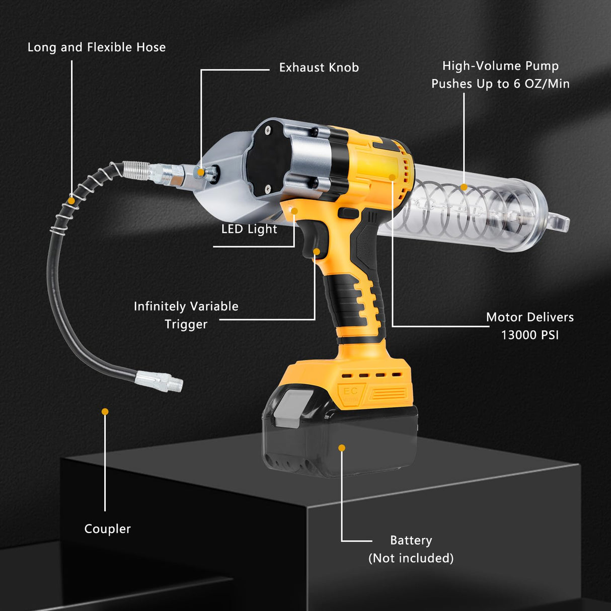 Daspom Cordless Grease Gun Compatible with De-Walt 20V Battery, 13000 PSI Brushless Motor Electric Grease Gun with 600ml Grease Cartridges and Accessories (No Battery Included) Daspom