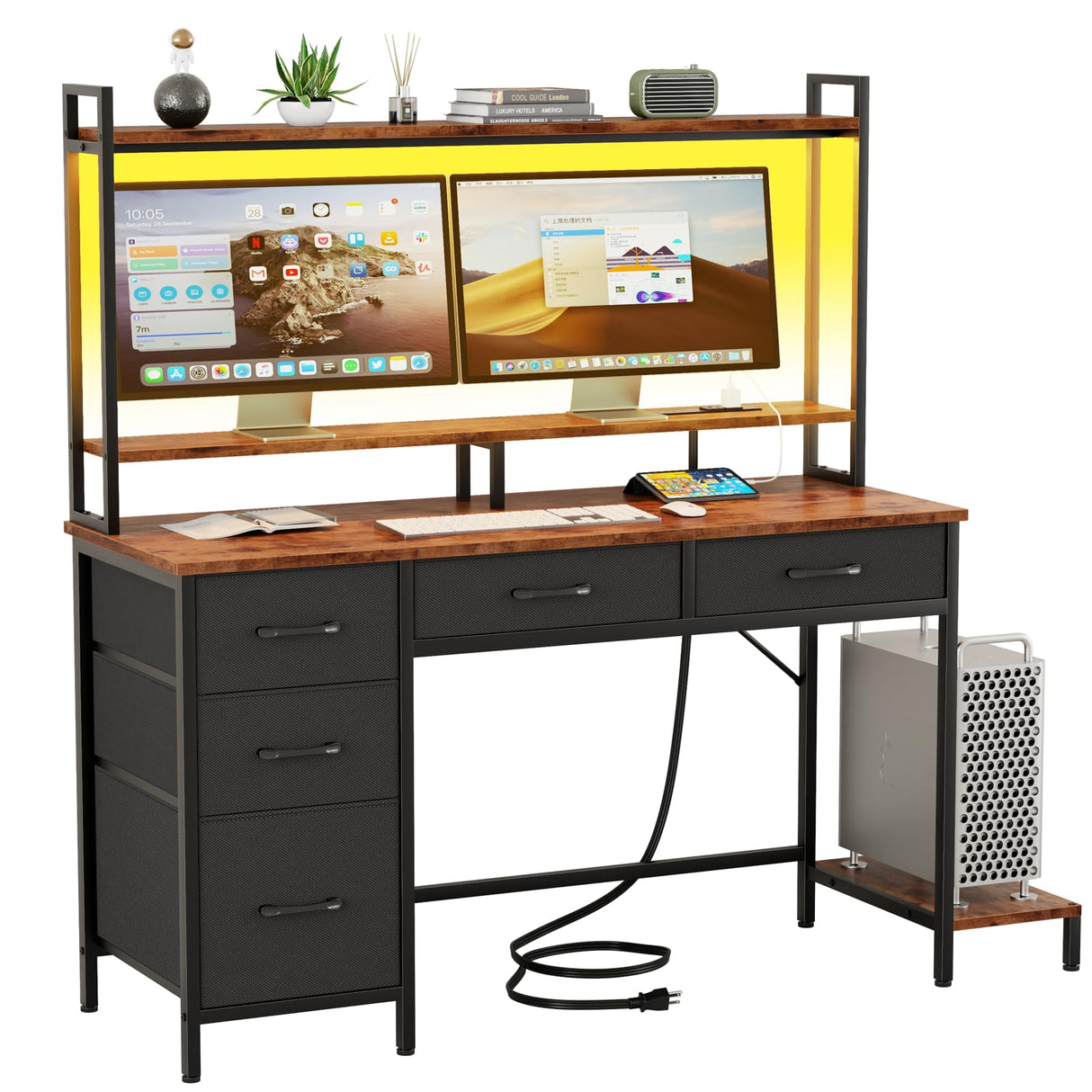 Korfile Computer Gaming Desk with Hutch, Home Office Desk with Power Outlets, LED Light, 5 Storage Drawers, 2 Tiers Shelves for Display, 47 Inch Modern Study Writing Table for Bedroom, Rustic Brown Korfile