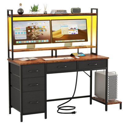 Korfile Computer Gaming Desk with Hutch, Home Office Desk with Power Outlets, LED Light, 5 Storage Drawers, 2 Tiers Shelves for Display, 47 Inch Modern Study Writing Table for Bedroom, Rustic Brown