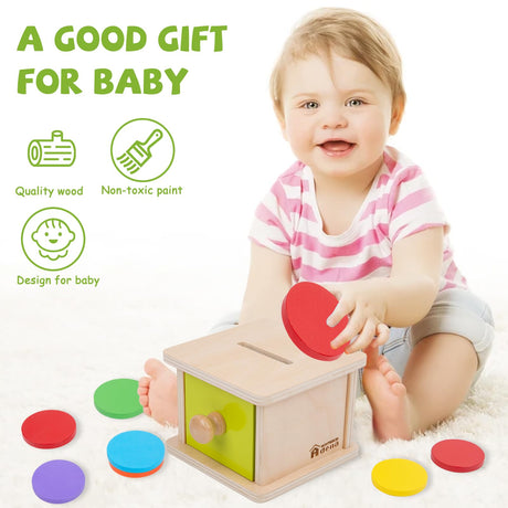 Adena Montessori Coin Box,Object Permanence Box Toys for 1 Year Old Baby Coins,Wooden Montessori Ball Drop Toys Developmental Toys for 6-12 Month Infant Toys,Learning Kids Gifts(Yellow-Green Door) Adena Montessori