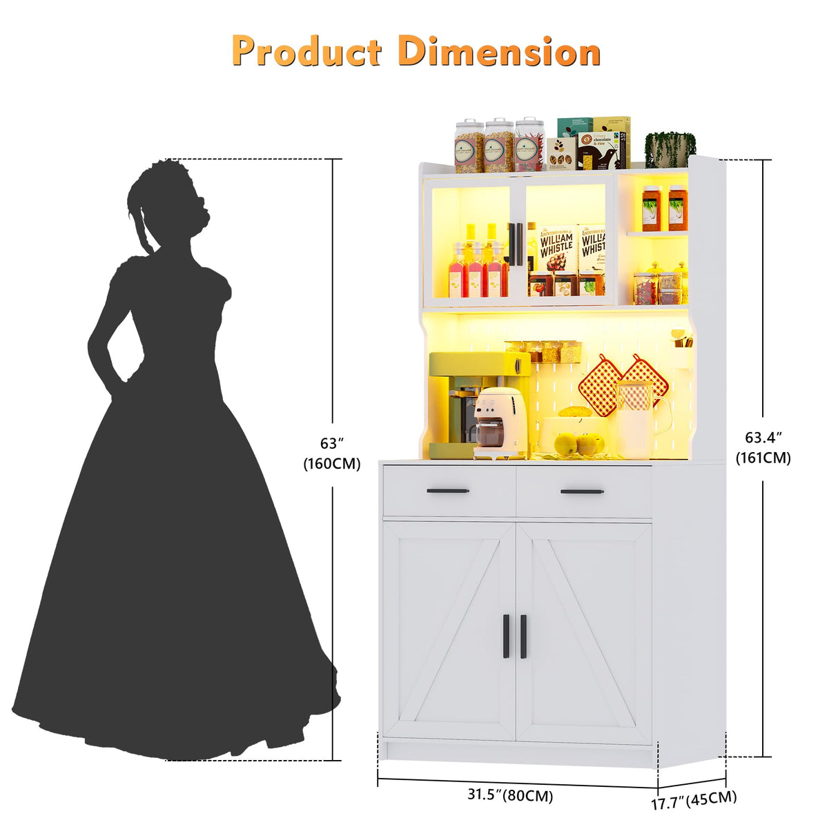 Gurexl 64" Farmhouse Kitchen Pantry with Auto Sensor LED,Storage Cabinets with 2 Outlets for Microwave & USB-C Ports,Hutch Cabinet with Pegboard,2 Cabinet,2 Drawers,1 Large Countertop Gurexl