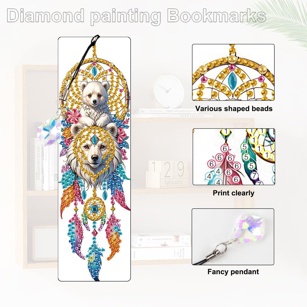 4 Pcs Diamond Painting Bookmarks, White Bear and Lion Dreamcatcher DIY Diamond Art Kits for Adults, Rhinestone Drill Crafts Bookmarks with Tassel for Graduation Birthday Gifts AiYuanzsh