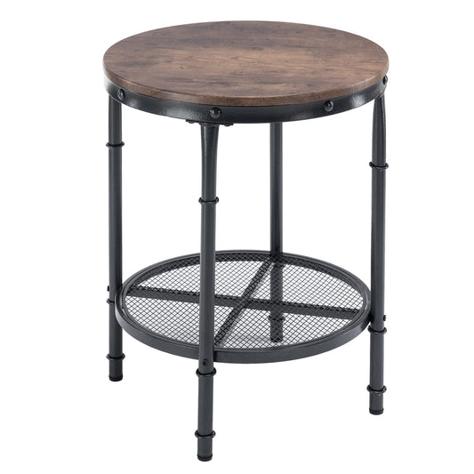 VINGLI Wood Round End Table, 20" Vintage Brown End Table Sofa Side Table Small Circle Table for Living Room, Rustic Farmhouse Wooden End Table with Metal Mesh for Room Corner, Living Room, Bedroom