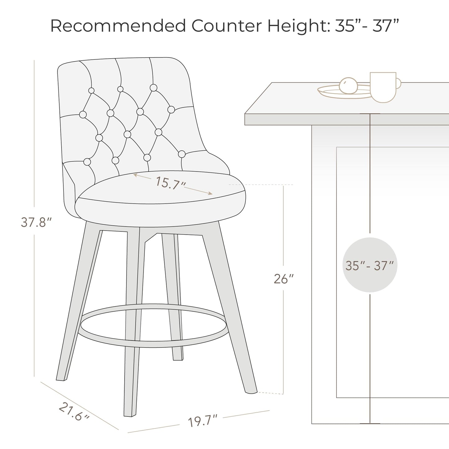 Watson & Whitely Counter Height Bar Stools Set of 3, Performance Fabric Upholstered Modern Swivel Barstool with Back, Solid Wood Legs, 26" H Seat, Tan