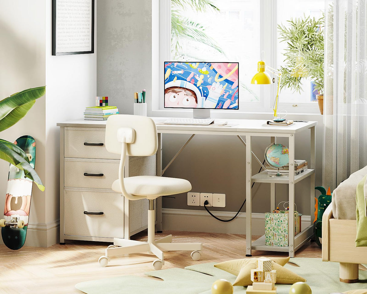 AODK 51 Inch Computer Desk with Fabric Drawers & USB Power Outlets- Reversible Home Office Desk with Storage Shelves, Work from Home, Modern Work/Writing/Study Table for Bedroom, White AODK