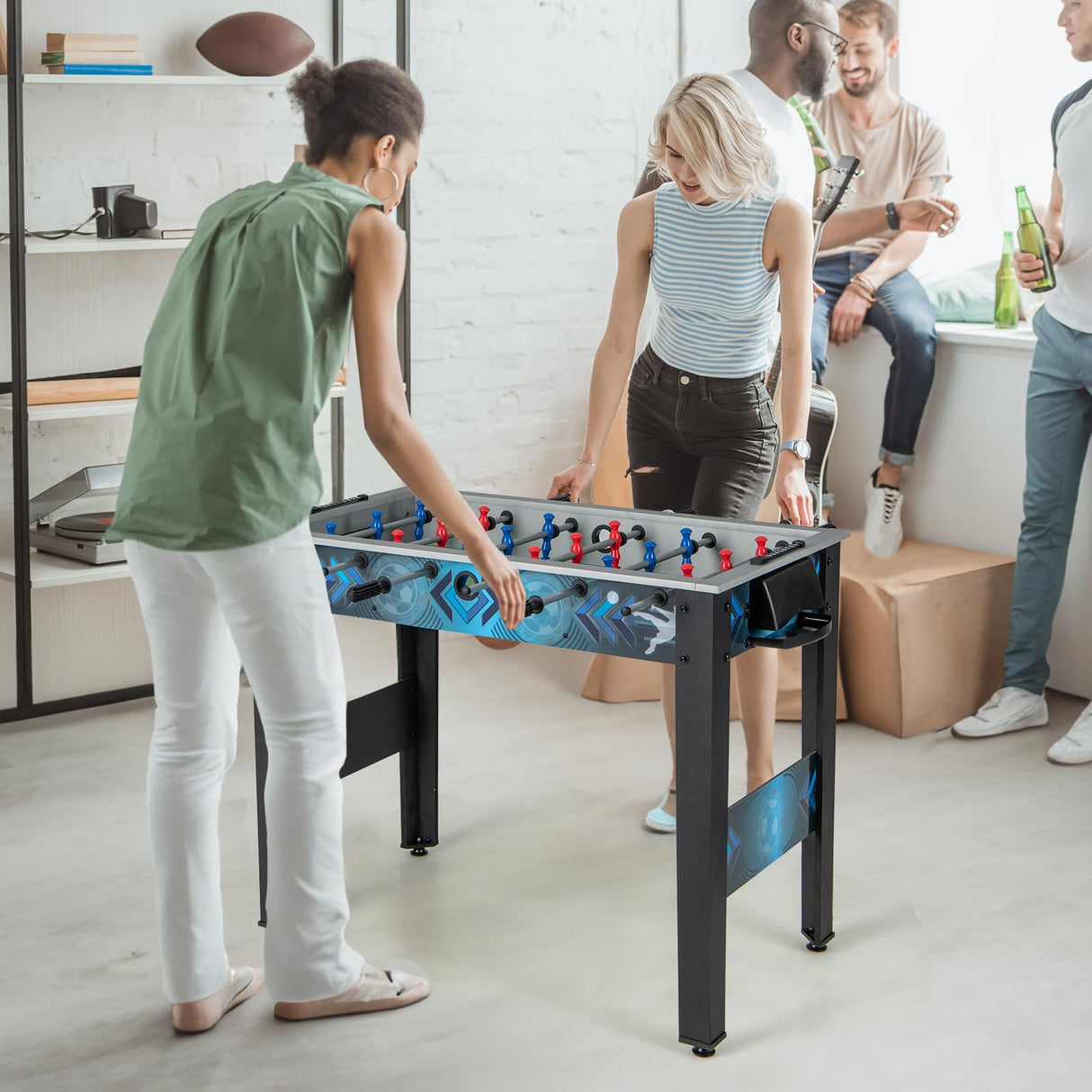 Goplus Foosball Table, Freestanding Soccer Table Game with 2 Footballs, Ergonomic Handle, 18 Realistic Players, Adults Youth Kids Foosball Games for Indoor, Game Room, Office, Party Goplus