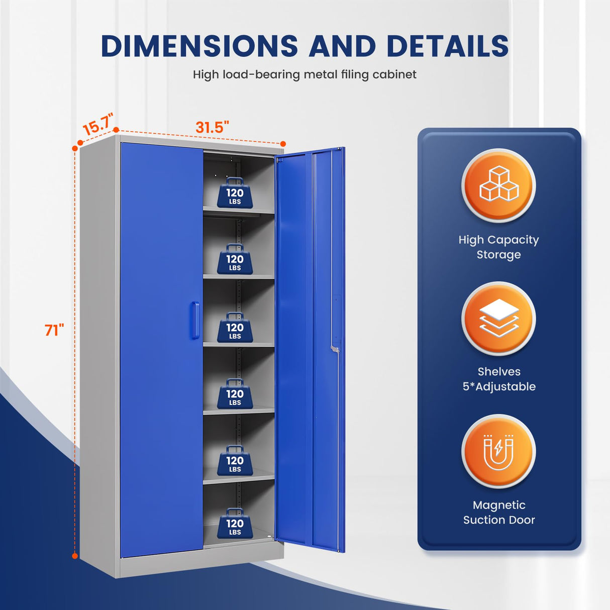 Yizosh Metal Garage Storage Cabinet with 2 Doors and 5 Adjustable Shelves - 71" Steel Lockable File Cabinet,Locking Tool Cabinets for Office,Home,Garage,Gym,School (Gray Blue) Yizosh