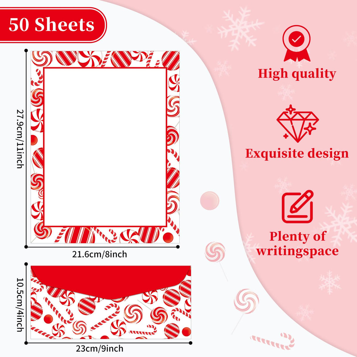 Lonfliness 50 Set Peppermint Christmas Letterhead with Paper Envelopes Candy Cane Christmas Border Computer Print Paper Stationery for Note Letters to Santa Invitations Office School 8.5 x 11 In Lonfliness