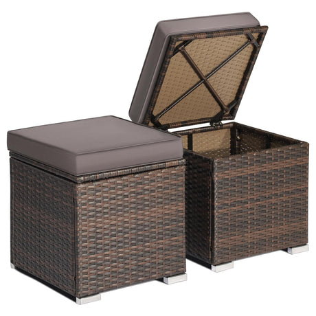 RELAX4LIFE Wicker Outdoor Storage Ottoman, 2-Piece Rattan Footstool w/Removable Cushion, Multipurpose Footrest Stool Side Table Additional Seating, Set of 2 Outdoor Ottomans for Patio Deck (Grey) RELAX4LIFE