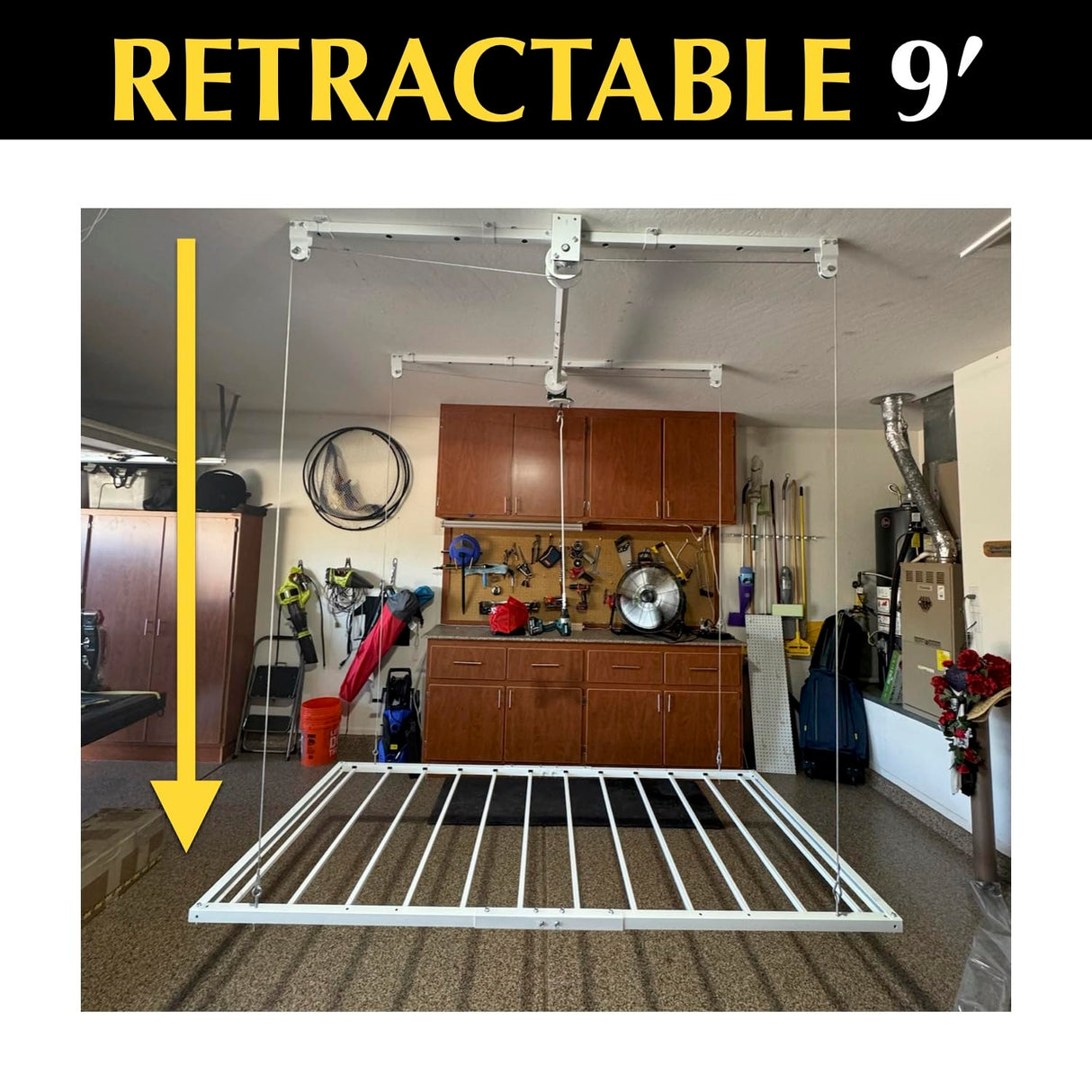 E-Z Garage Storage EZ Lift 4'x8' - No Power Required, Just Your Drill for Effortless Use! Holds 800 lbs with Rock-Solid Stability. A Game-Changer in Overhead Storage Solutions! E-Z Garage Storage