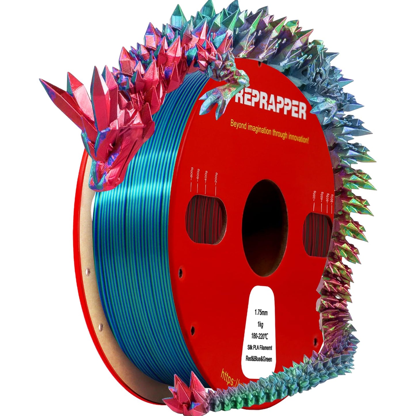 Reprapper Triple Color Filament Coextrusion PLA Filament 1.75mm for 3D Printer, Multicolor Like Dual Color Rainbow PLA, 2.2lbs (1kg), Silk PLA Red/Blue/Green - WoodArtSupply