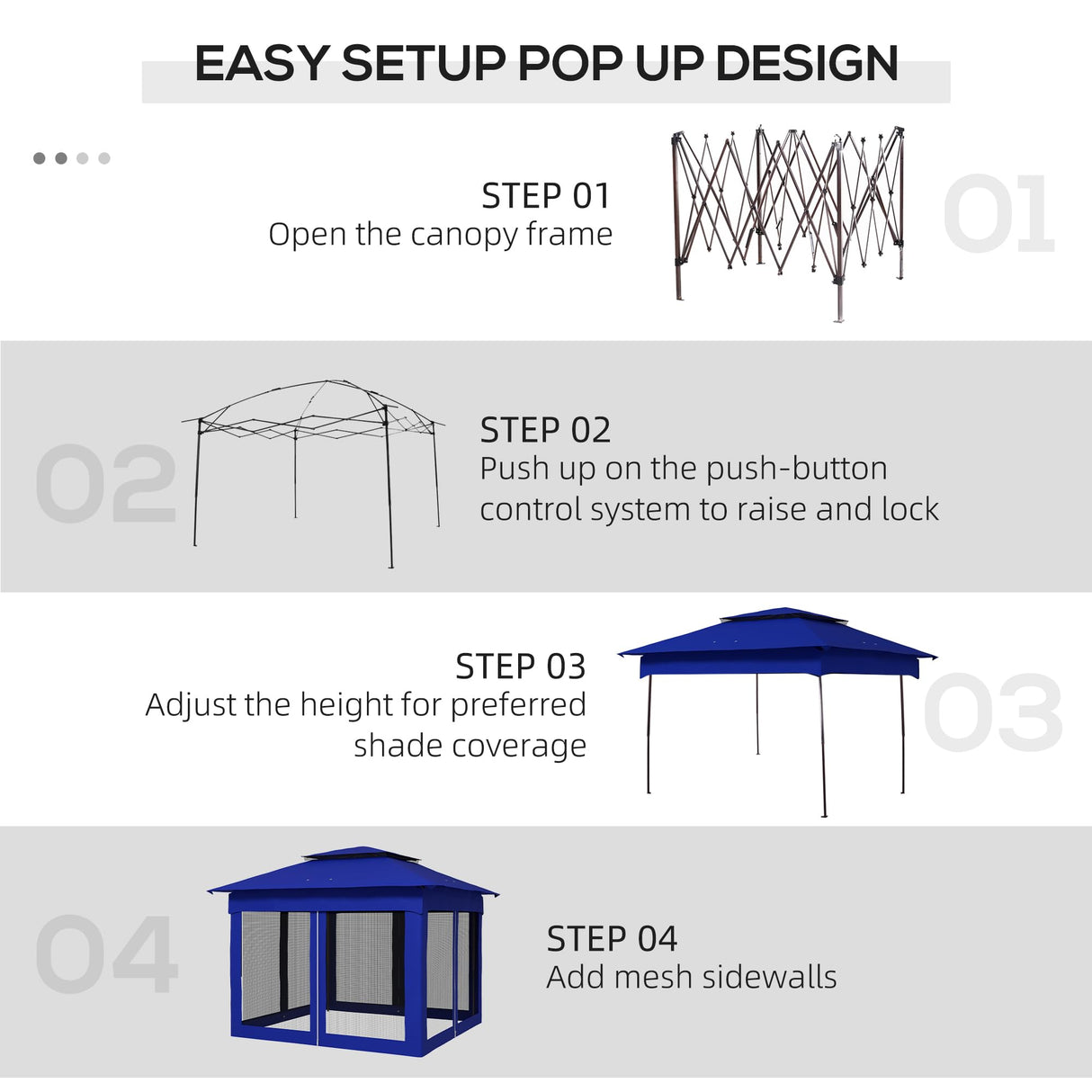 Outsunny 11' x 11' Pop Up Canopy, Outdoor Patio Gazebo Shelter with Removable Zipper Netting, Instant Event Tent w/ 114 Square Feet of Shade and Carry Bag for Backyard, Garden, Blue Outsunny