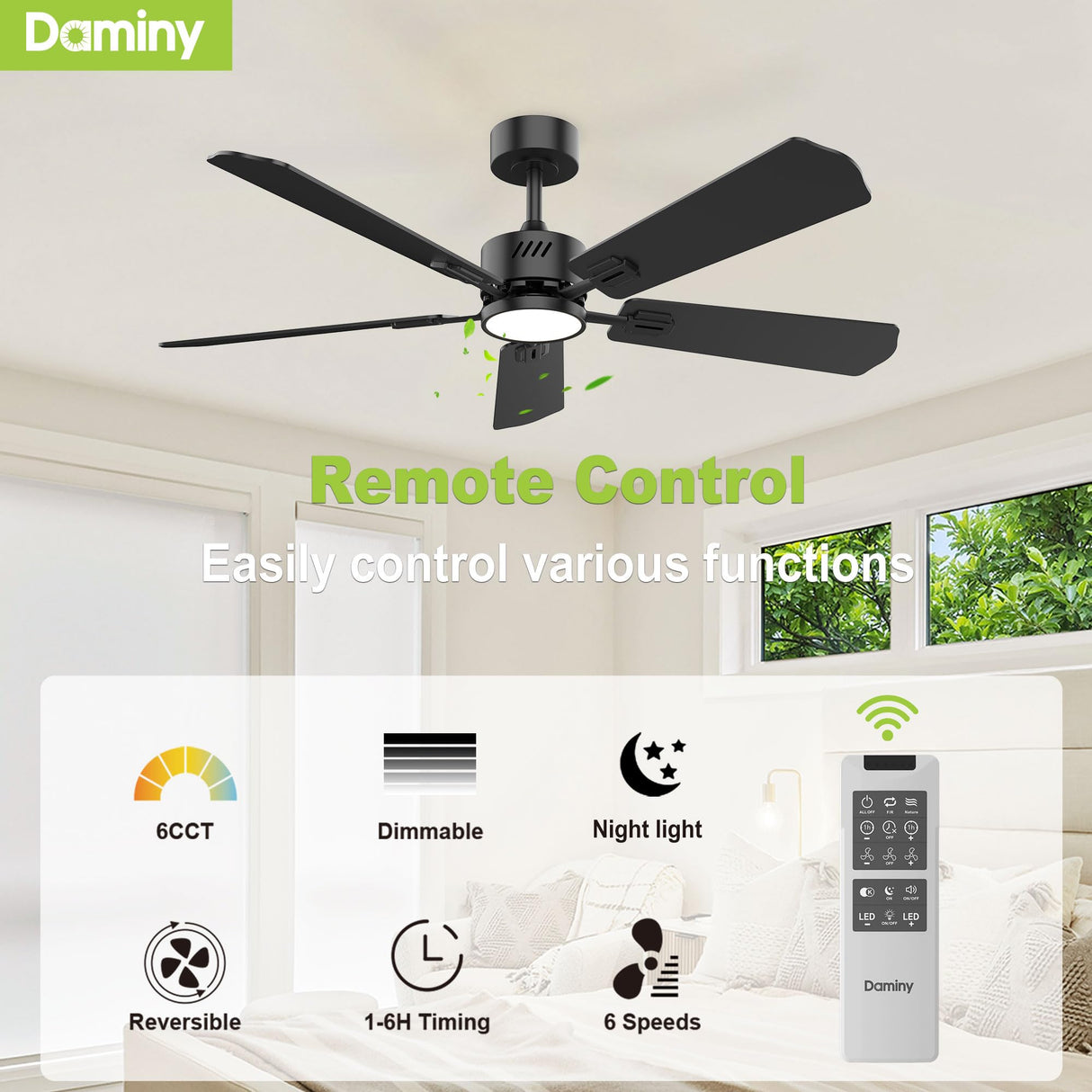 DAMINY 52 inch Ceiling Fan with Light,6CCT,5 Blade Ceiling Fan with Light,Low Profile Ceiling Fan with Light and Remote Control,Downrods,Black Ceiling Fan for Living Room,Indoor/Outdoor Use DAMINY