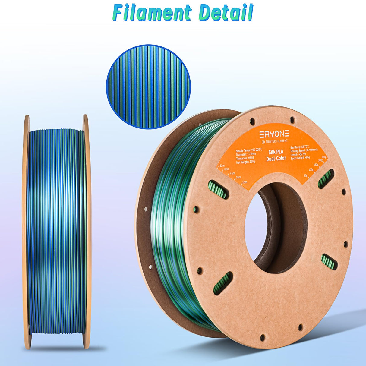 ERYONE Silk Dual Color PLA Filament 3D Printer 1.75mm +/- 0.03mm, Bicolor Filament Two Tone PLA 250G(0.55lbs) Cardboard Spool, Blue Green ERYONE