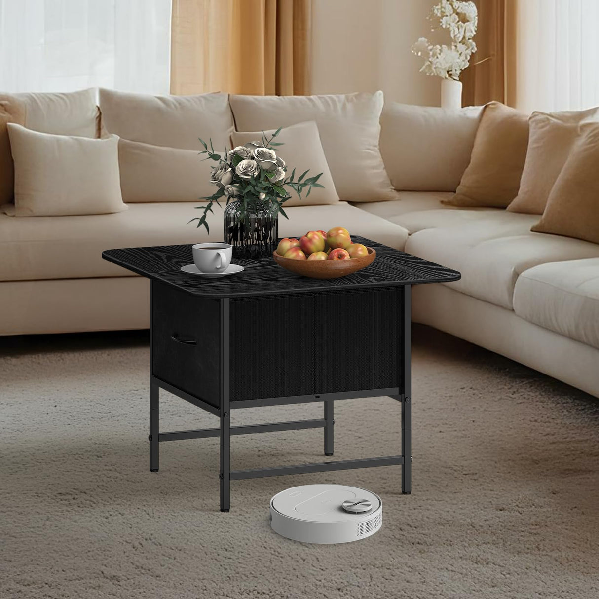 Shinoske Square Coffee Table with Storage Drawer,Small Black Coffee Tables for Living Room,2-Tier Farmhouse Center Table with Round Corners for Small Space,Apartment,Office Shinoske