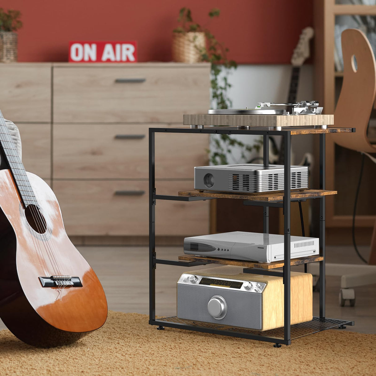 YBING 4-Tier AV Media Stand, Stereo Cabinet, Media Console with Charging Station, Record Player Stand, Corner TV Shelf, Brown YBING