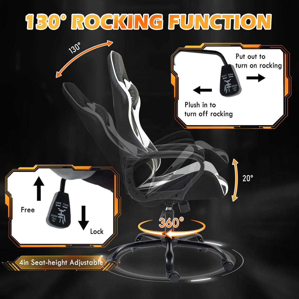 ECOTOUGE Gaming Chair, Ergonomic Computer Gamer Chair with Massage Lumbar Support & Rocking High Back, 360° Swivel Video Game Chair for Gaming or Office, Height Adjustable (White) ECOTOUGE