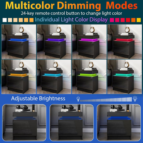 HOMMPA Set of 2 LED Nightstands Black Nightstand with Led Lights Modern Night Stand with 2 High Gloss Drawers Led Bedside Table Smart Nightstand for Bedroom 20.5” Tall HOMMPA