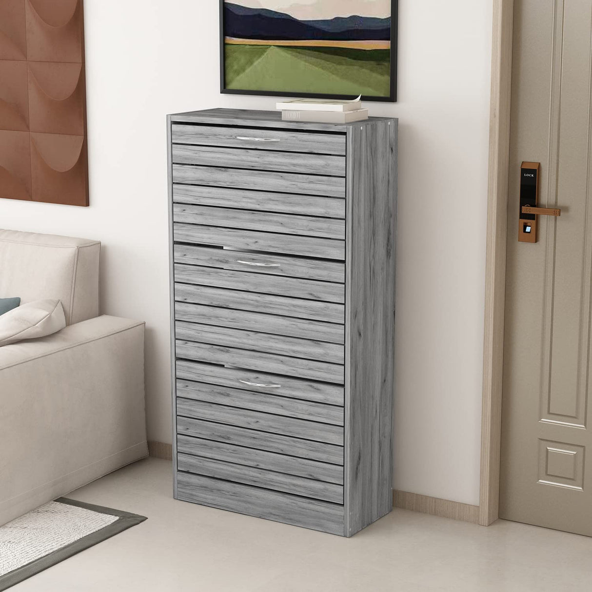 Homsee 3-Drawer Shoe Storage Cabinet with Louver Doors, 3-Tier Wood Shoe Rack Storage Organizer for Entryway, Grey (22.4”L x 9.4”W x 42.3”H) Homsee