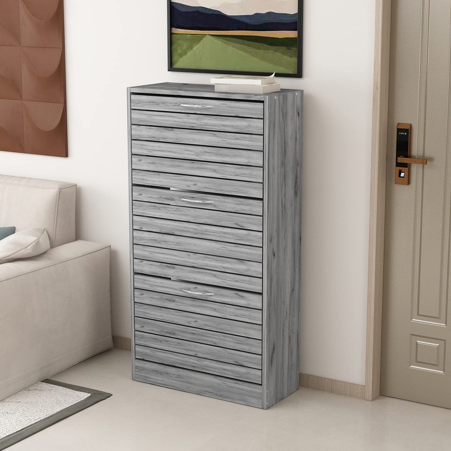 Homsee 3-Drawer Shoe Storage Cabinet with Louver Doors, 3-Tier Wood Shoe Rack Storage Organizer for Entryway, Grey (22.4”L x 9.4”W x 42.3”H)