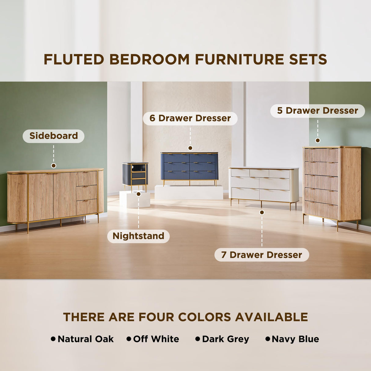 T4TREAM Fluted 5 Drawers Dresser for Bedroom, 48" Tall Modern Dresser Chest of Drawers, Gold Accents, Fluted Fronts, Wood Storage Dressers Organizer for Bedroom, Living Room, Natural Oak T4TREAM