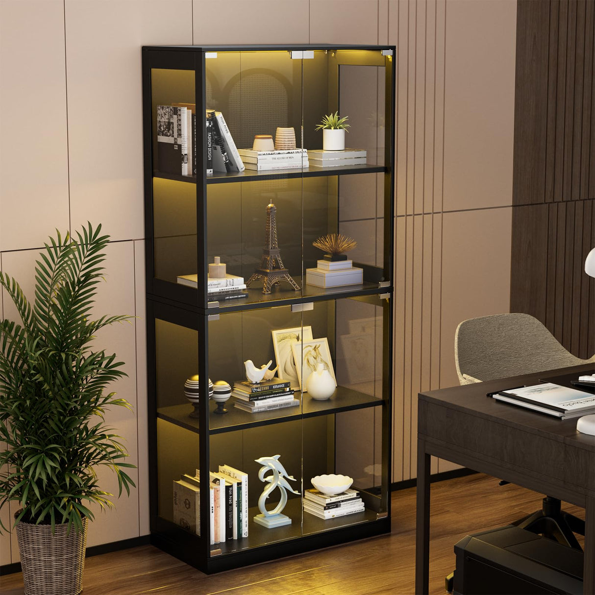 DoCred Display Cabinet with Glass Doors, 63" H Figurines Glass Display Case with 6 Color Lights, 4-Tier Curio Cabinet for Collectibles & Bedroom Living Room Office Storage Cabinets, Black DoCred