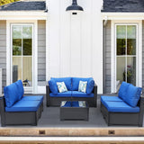 7 Pieces Outdoor Rattan Wicker Patio Set with Coffee Table, Armless Seats and Corner Seats, 2 Pillows Included,Sectional Furniture Chair Set，Coffee/Blue… Peacabo