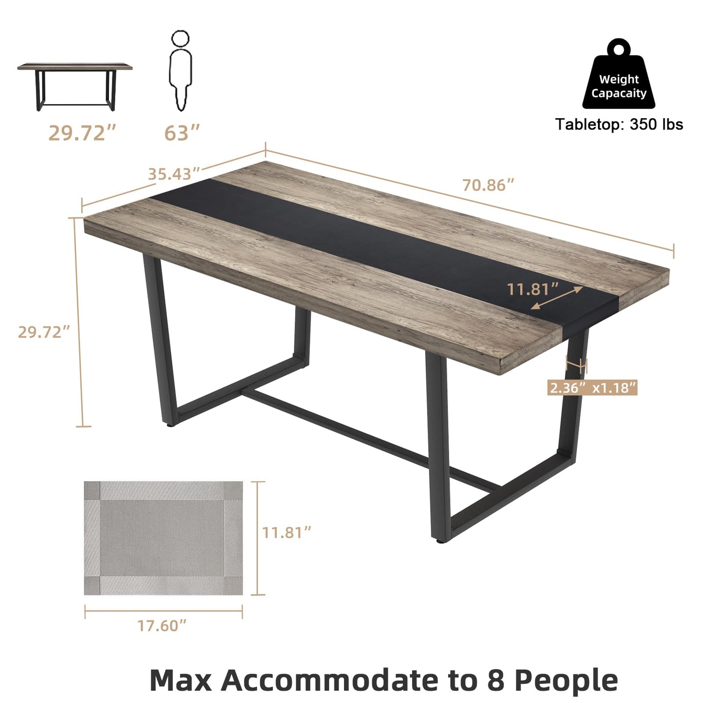 STHOUYN 71" 6ft Large Dinner Table for 6 8 Seat Dining Room Table, Rectangular Farmhouse Modern Kitchen Long Black & Grey Industrial Conference (Grey) - WoodArtSupply