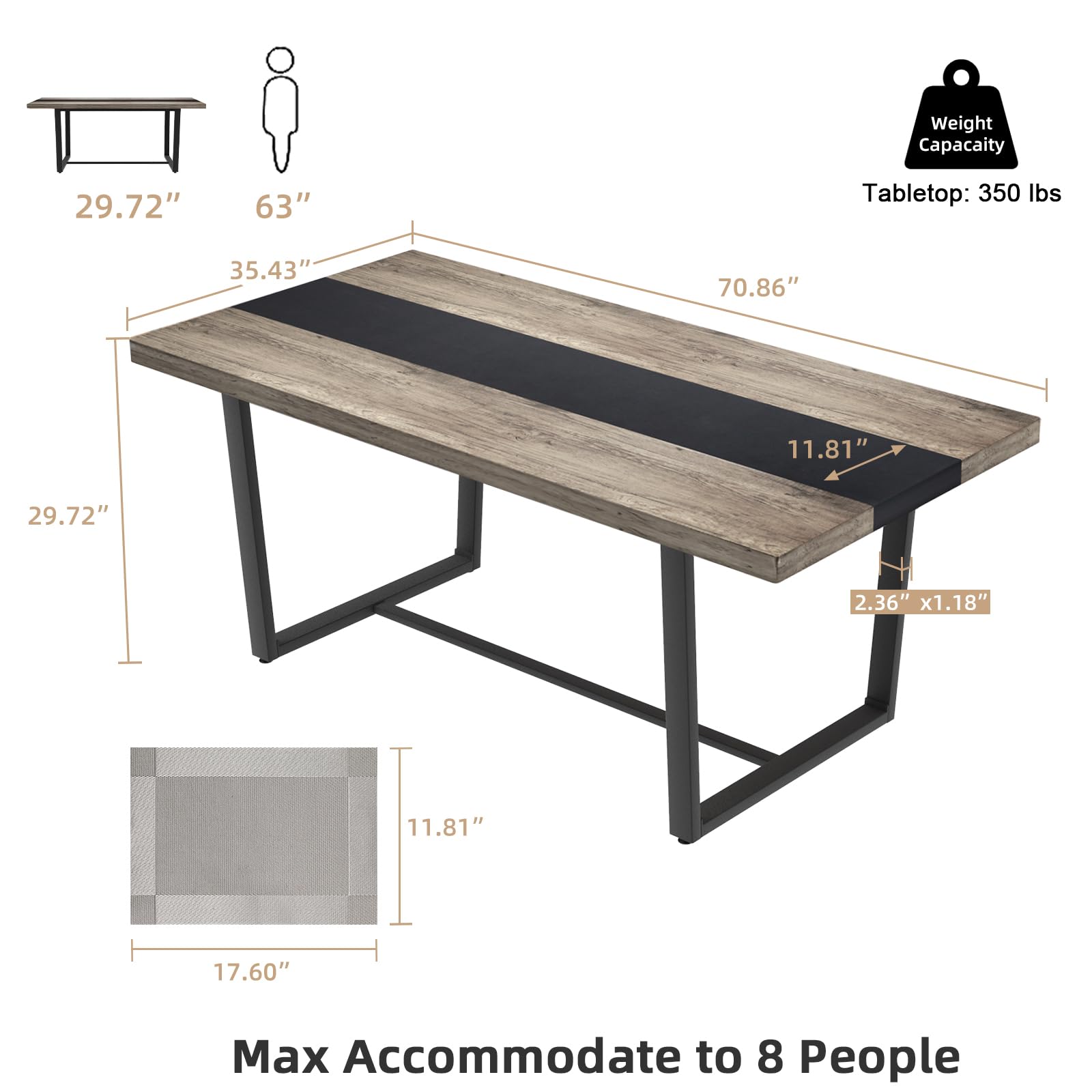 STHOUYN 71" 6ft Large Dinner Table for 6 8 Seat Dining Room Table, Rectangular Farmhouse Modern Kitchen Long Black & Grey Industrial Conference (Grey) - WoodArtSupply