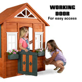 Sportspower Woodbridge Wooden Outdoor Backyard Playhouse with Flower Boxes, Red Sportspower