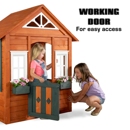 Sportspower Woodbridge Wooden Outdoor Backyard Playhouse with Flower Boxes, Red