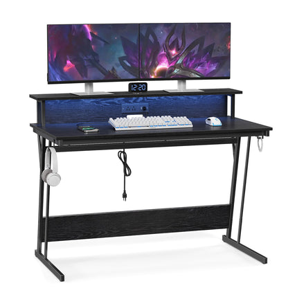 VASAGLE LED Gaming Desk with Power Outlets, Computer Desk with USB Ports, Office Desk with Monitor Stand for 2 Monitors, with Hooks, for Bedroom, 23.6 x 47.2 x 29.5 Inches Ebony Black ULWD092B56