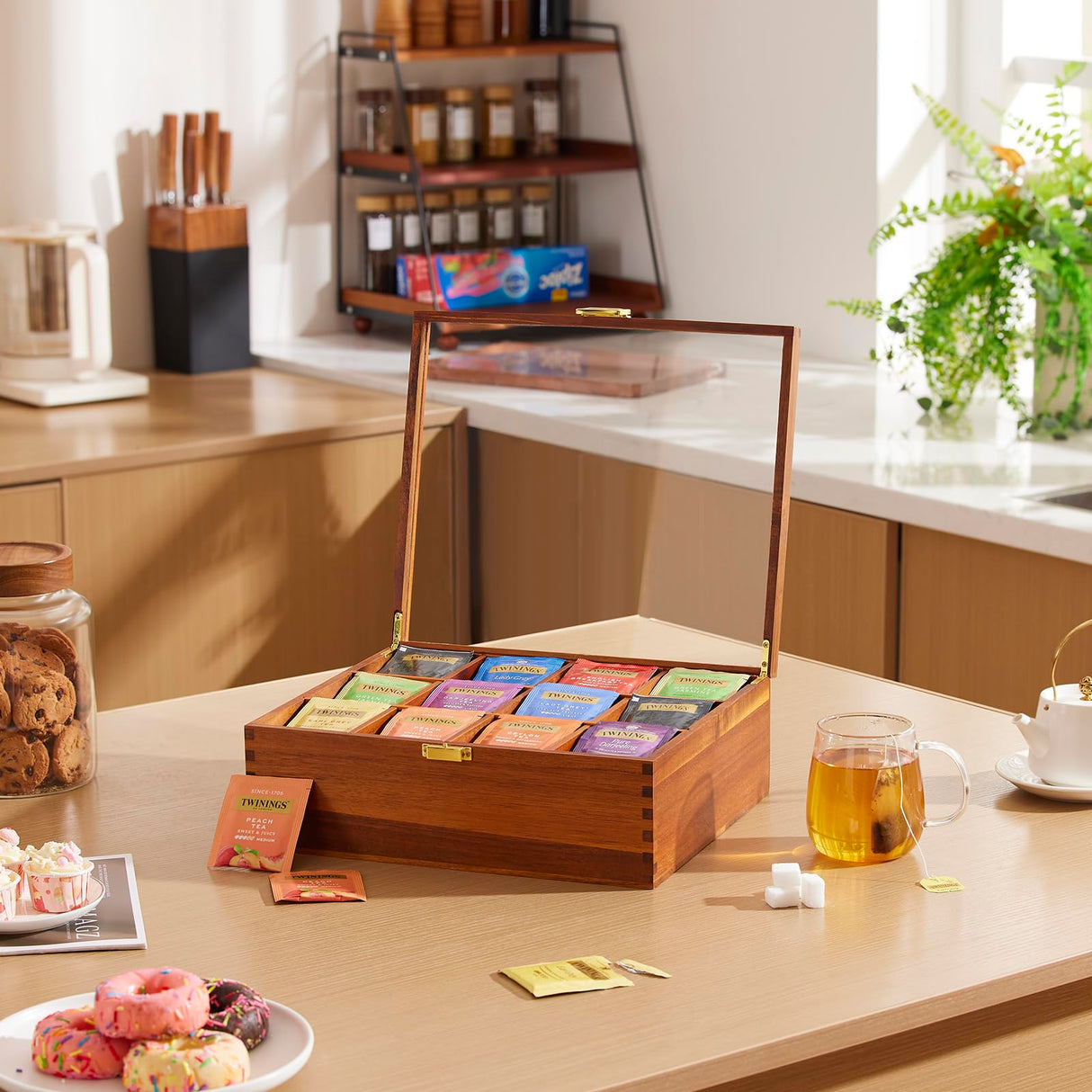 Tea Bag Organizer, Acacia Wood Tea Organizer Box, 12 Compartments Tea Organizer for Tea Bags with Clear Glass Window, Tea Bag Holder for Countertop Kitchen Cabinet Pantry - Keeps Tea Bags Fresh HouseJoy