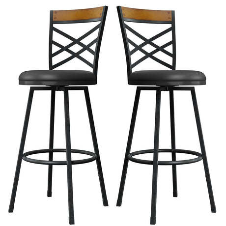 BOSHIRO Black Bar Stools Set of 2 - Rustic Wood & Metal Swivel Barstools with Curved Backrest, 360° Rotation, Adjustable Height Dining Chair for Living Room, Kitchen, Bar BOSHIRO