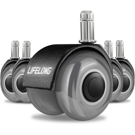 Lifelong Office Chair Wheels Replacement Rubber Desk Chair Casters for Hardwood Floors and Carpet, Set of 5, Heavy Duty Casters for Chairs to Replace Office Chair Mats - Fits 98% Lifelong