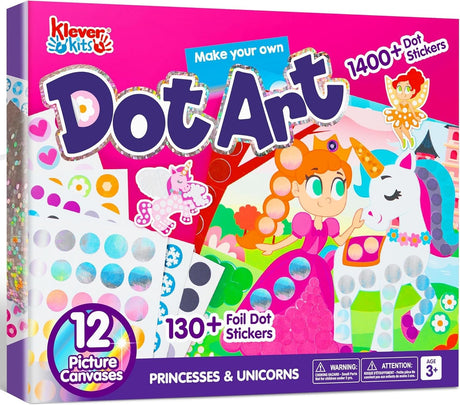 Klever Kits Dot Art Kit for Kids, No Mess Sticker for Toddlers 3-7, Craft Kits, DIY Creative Activity, Travel Toy, Birthday Presents for Boys Girls (Unicorns & Princess) Klever Kits