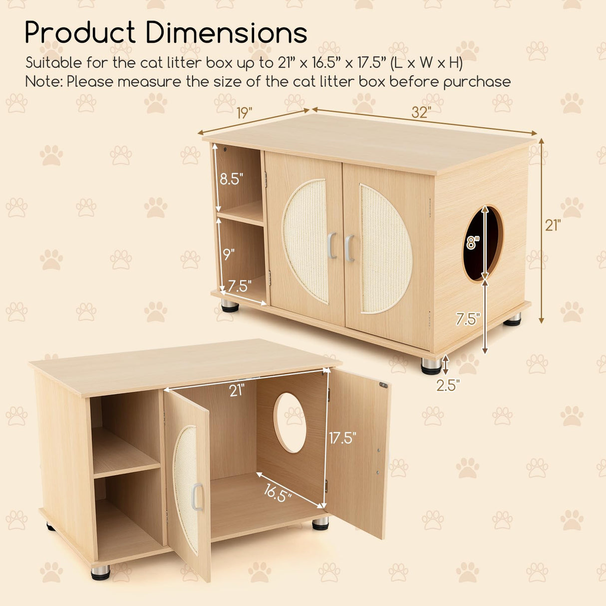 PETSITE Cat Litter Box Enclosure, Hidden Litter Box Furniture with Sisal Scratching Board Doors, Wooden Pet House Side End Table, Indoor Litter Box Cabinet with Adjustable Metal Feet PETSITE
