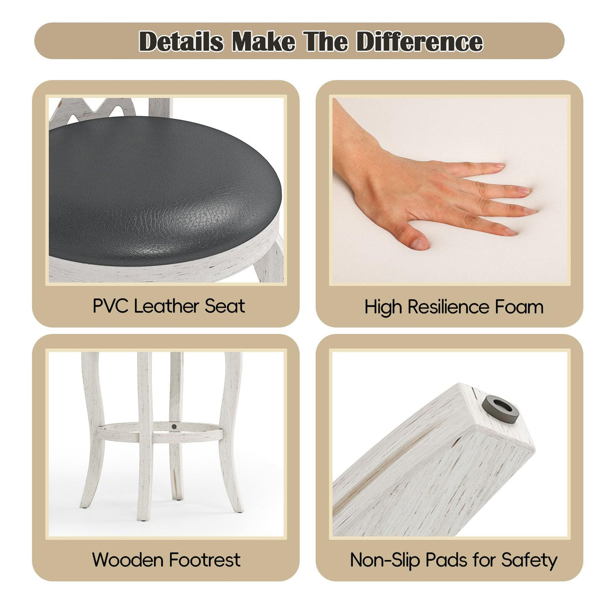 Callales 29" Bar Height Swivel Bar Stools Set of 2 for Kitchen Island, Farmhouse Barstool Counter Chair with Back and Footrest, Upholstered Barstools (White, Round Seat) Callales