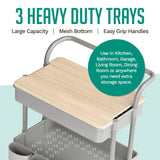 3 Tier Rolling Cart, with Table Top, Rolling Storage Cart with Handles and Locking Wheels, Utility Cart with 2 Small Baskets and 4 Hooks for Bathroom. Office, Balcony, Living Room (Grey) Koolerthings Expansion Wellness