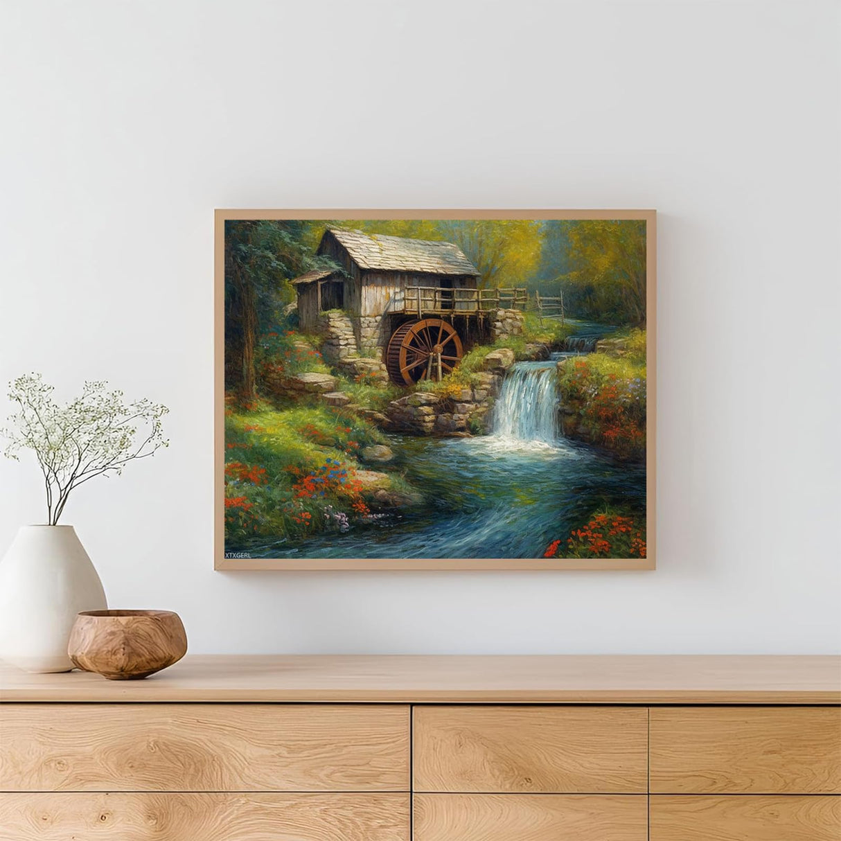 Waterfalls Scenery Paint by Numbers Kits with Brushes and Acrylic Pigment on Canvas Painting for Adults, Forest Log Cabin Waterwheels Arts Crafts for Home Decor Gifts 16''x20'' (DIY Frameless) XTXGERL