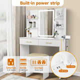 QUALIKRAFT Vanity Set with Lights and Stool, Vanity Desk with Mirror and Lights，Vanity Power Outlet,Vanity Desk with Drawers, White Vanity with Lighted Mirror，Dressing Table Set with 2 Large Drawers QUALIKRAFT
