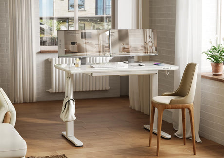 INNOVAR Wireless Charging Glass Standing Desk with Drawers, Adjustable Height Stand Up Desk, Electric Standing Desk with Storage, 48 inch, Super White INNOVAR