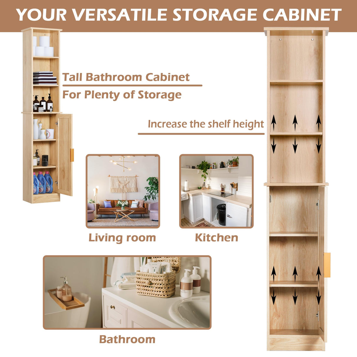 FUQARHY 65'' Tall Bathroom Storage Cabinet Organizer Wood Slim Floor Freestanding Cabinet Linen Tower with Door & 6 Shelves, w/Adjustable Shelves for Home, Bathroom, Kitchen (Natural) FUQARHY