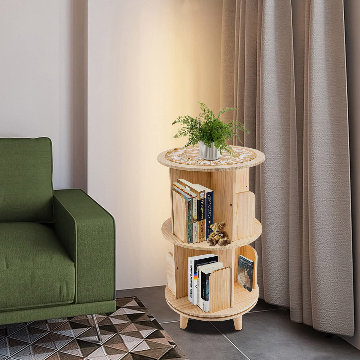 Kebayuneth 2-Tier Rotating Wooden Bookshelf - Multi-Functional Display and Storage Rack Kebayuneth