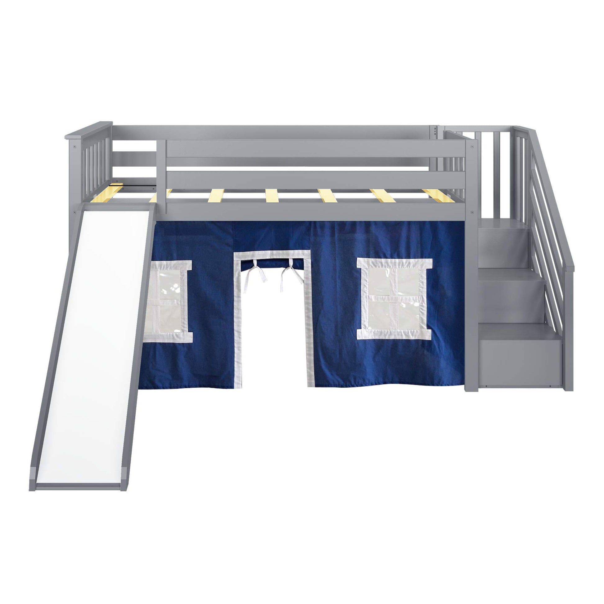 Max & Lily Twin Low Loft Bed with Stairs and Slide in Grey/Blue with Fun Curtains - WoodArtSupply